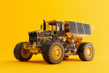 Industrial grader powered by solar energy with futuristic design on yellow background.