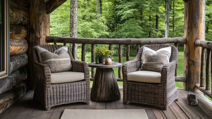 Cozy Outdoor Seating on Rustic Porch with Green View