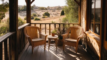 Fototapeta premium Cozy porch with wicker chairs and scenic view
