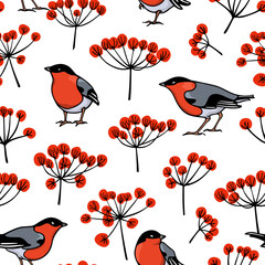 Vector seamless pattern with hand drawn cute bullfinches with red berries made with ink. Beautiful animal and Christmas design elements. Perfect for prints and patterns