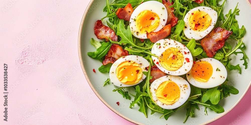 Aufkleber boiled egg and crispy bacon salad with watercress on a pink background