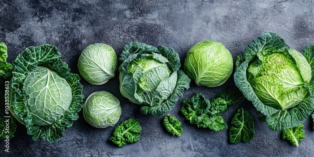 Poster flat lay arrangement featuring various cabbages on a grey backdrop.