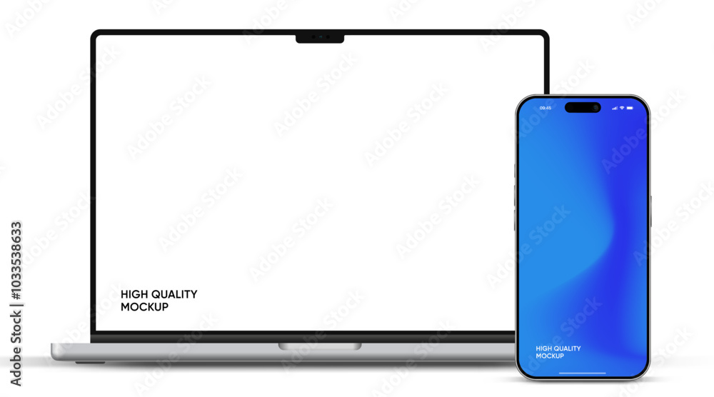 Poster Modern laptop mockup front view and smartphone mockup high quality isolated on white background. Notebook mockup and phone device mockup for ui ux app
