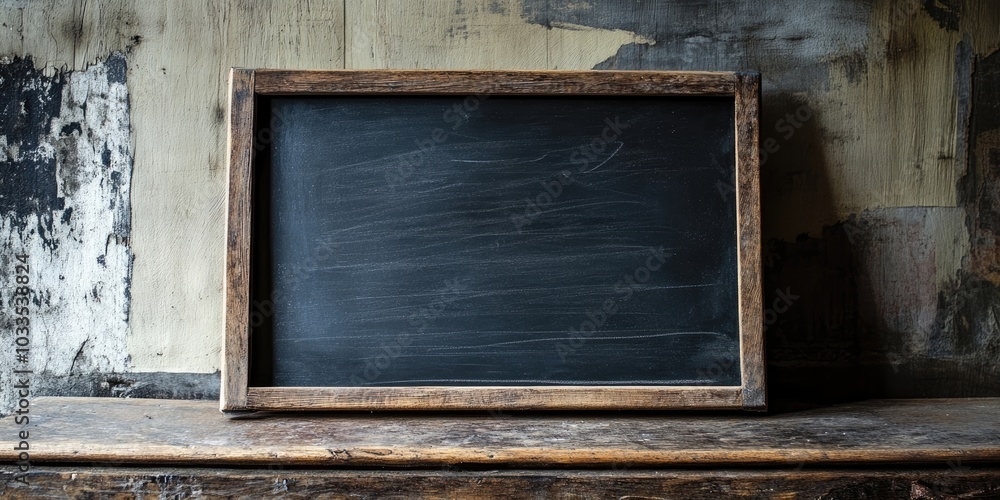 Poster empty chalkboard set against a rustic backdrop.