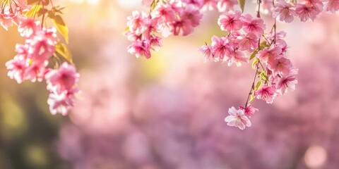 Landscape background image featuring cherry tree blossoms hanging in a spring garden.