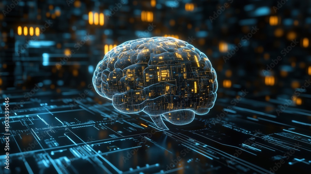 Poster digital brain with glowing circuits and data patterns, futuristic technology concept