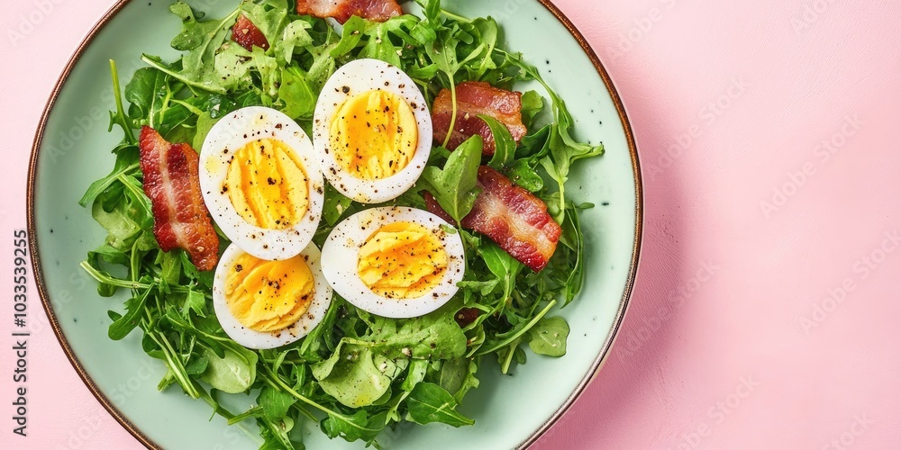 Aufkleber boiled egg and crispy bacon salad with watercress on a pink background