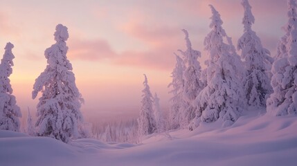 Serene winter sunset over snow-covered landscape in saariselkä, lapland, finland, showcasing frozen pine trees blanketed in snow, perfect for christmas and holiday backgrounds