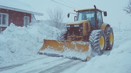 Winter Snow Plow Clearing Roads on a Frosty Morning