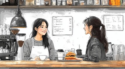 Friendly waitress with apron serving customer in cozy cafe