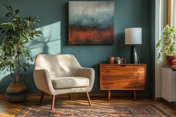 Stylish composition of modern cozy living room interior with structure painting, beige armchair, wooden vintage commode and personal accessories. Creative wall, carpet on the floor, Generative AI