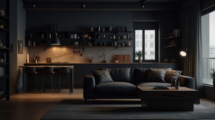 Modern, minimalist living room with dark walls, a grey couch, and a wood coffee table. The room has a kitchen in the background with a small bar and a window.
