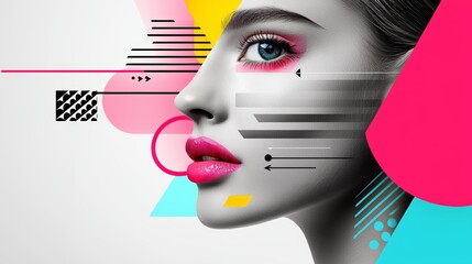 A dynamic, modern art piece blending graphic shapes, arrows, and a halftone face, reflecting a bold and vibrant design.