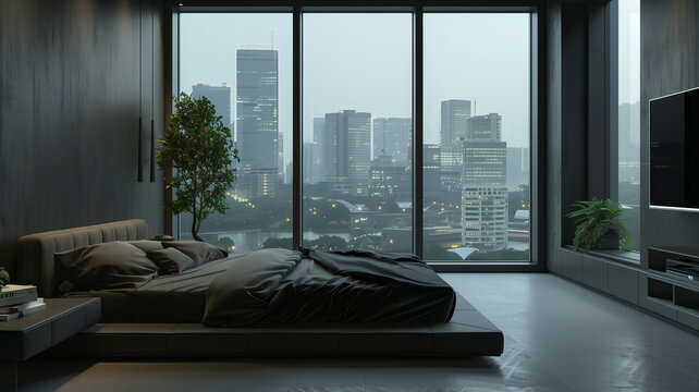 Fototapeta Minimalist bedroom with panooramic city view from the window. Real estate