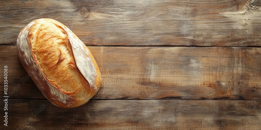 Poster fresh bread on a wooden table. top view with room for your text.
