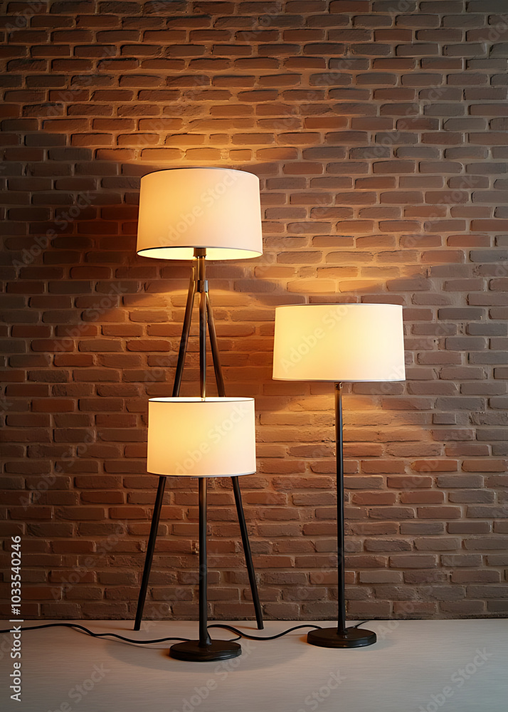 Aufkleber a set of three lamps positioned against a backdrop of a textured brick wall in a highly detailed thr