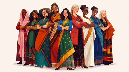 Fototapeta premium Group of diverse women in colorful traditional outfits showing unity