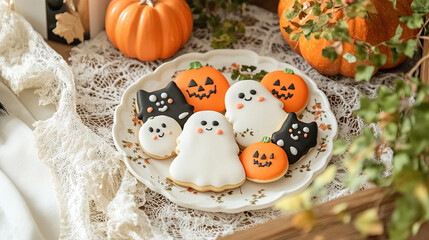 Obraz premium A plate of Halloween cookies decorated with sweet icing.
