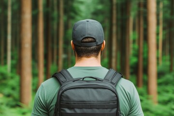A man stands with his back turned, wearing a cap and a backpack, looking out into a dense, serene forest, surrounded by towering trees, ready for an adventurous hike.