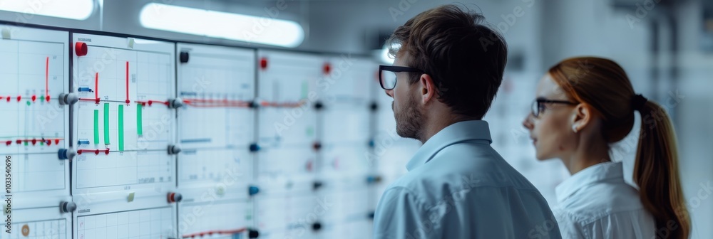Poster scientists in a laboratory analyze data on a digital screen, focusing on research and innovation in 