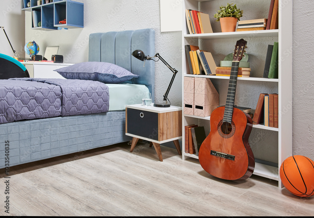 Poster Teenage bedroom interior concept with bookshelf, lamp, table, book and notebook, frame, guitar, bedding set and home accessory style, architecture decoration.