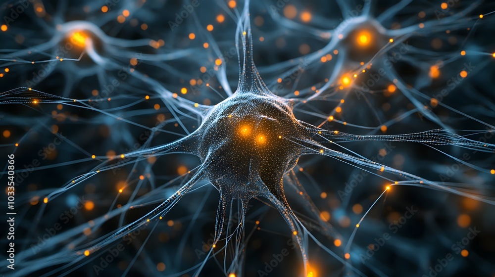 Poster a detailed close-up of a neuron cell with interconnected dendrites