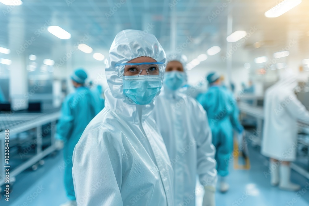 Poster scientists in protective gear working in a high-tech laboratory, focusing on research and developmen