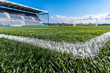 A soccer ball positioned on a bright green, well-maintained soccer field with the goalposts visible in the background, set under a clear blue sky.