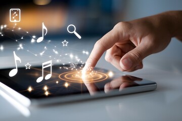 Naklejka premium Hand reaches tablet screen, floating icons highlight modern digital interaction