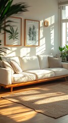 Cosy and stylish interior design of living room with modular white sofa, wooden furnitures, paintings on the wall, decorations, windowsill and personal accessories. Home styling, Generative AI