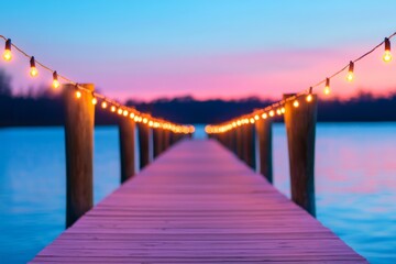 Obraz premium A wooden dock decorated with string lights stretches into the water, blurred background creates a dreamy evening atmosphere.