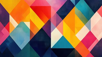 Vibrant geometric shapes fill the space, arranged in a colorful mosaic pattern.