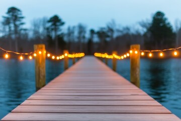 Fototapeta premium A wooden dock decorated with string lights stretches into the water, blurred background creates a dreamy evening atmosphere.