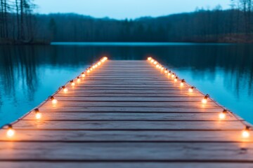 Obraz premium A wooden dock decorated with string lights stretches into the water, blurred background creates a dreamy evening atmosphere.
