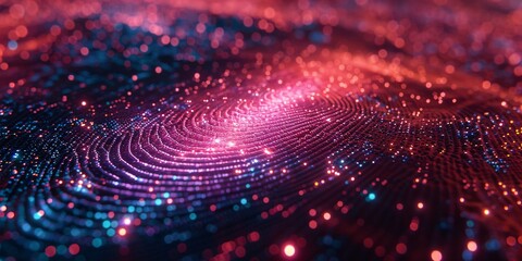 Obraz premium An abstract commercial background featuring a fingerprint model made of dynamic particles. This design symbolizes security and innovation, ideal for technology and digital marketing themes.