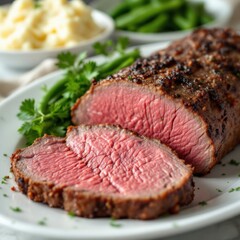 Fototapeta premium Roasted Beef Tenderloin Sliced with Parsley and Green Beans
