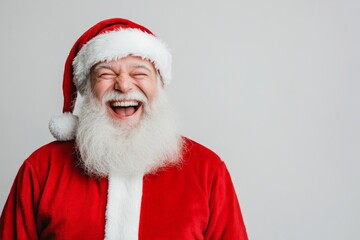 Laughing Santa Claus in his classic red suit, captured in a joyful moment, spreading warmth and happiness during the holiday season.