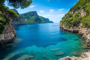 Fototapeta premium Turquoise waters, towering cliffs, boats navigating calm sea, serene coastal beauty