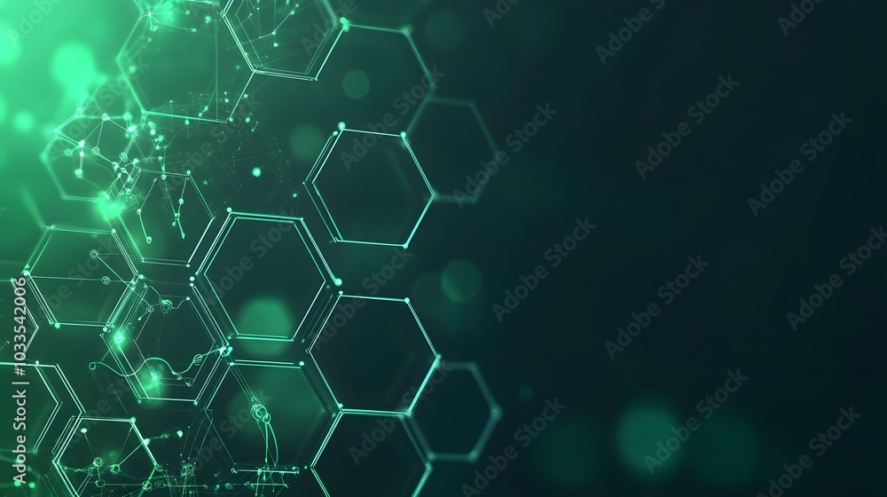 Poster abstract green hexagonal network with glowing lines and points
