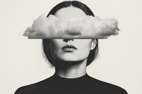 Surreal black and white image of a woman with a cloud covering her head, symbolizing daydreaming and imagination.