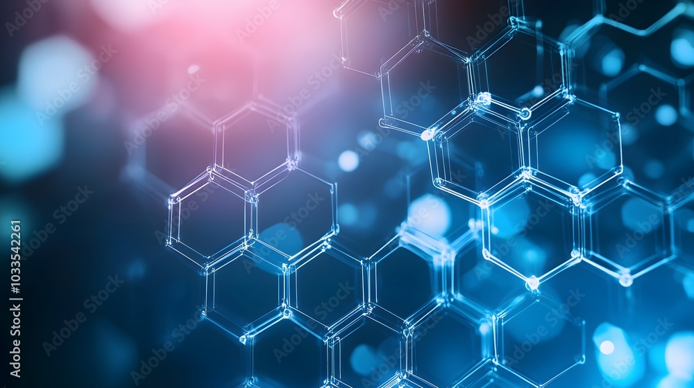 Poster abstract blue hexagon structure with bokeh lights