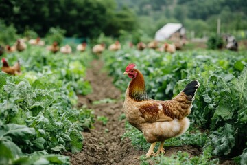 Fototapeta premium Free Range Chicken in a Vegetable Garden