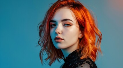 Close-up portrait of attractive  young woman with long wavy vibrant red hair. Charming model with freckles and natural makeup. Stylist and hairdresser concept. Beauty and diversity