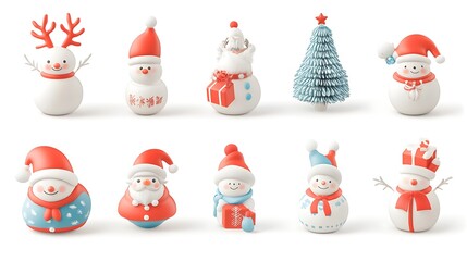 Collection of illustrations of Santa with gift sack, snowman and reindeer standing next to a Christmas tree, all on a white background.