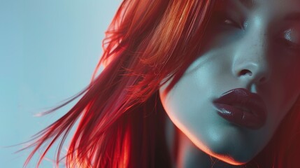 Close-up portrait of attractive  young woman with long wavy vibrant red hair. Charming model with freckles and natural makeup. Stylist and hairdresser concept. Beauty and diversity