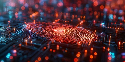 An abstract commercial background featuring a fingerprint model made of dynamic particles. This design symbolizes security and innovation, ideal for technology and digital marketing themes.