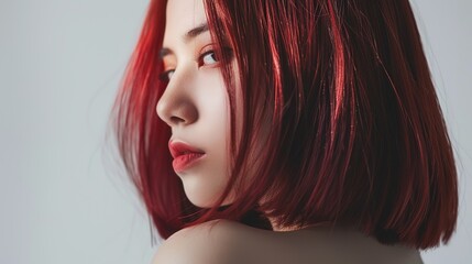 Close-up portrait of attractive  young woman with long wavy vibrant red hair. Charming model with freckles and natural makeup. Stylist and hairdresser concept. Beauty and diversity