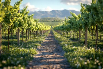 Naklejka premium Vineyard Path Landscape with Green Vines and Mountains in Background