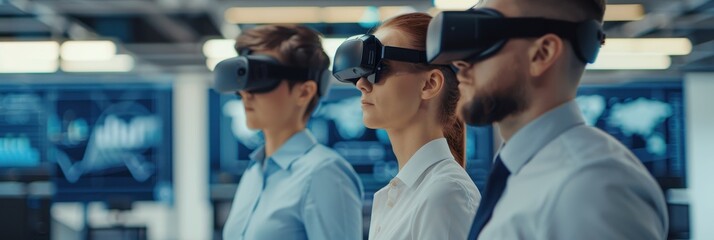 Three professionals wearing virtual reality headsets in a modern office, exploring immersive technology for business innovation.