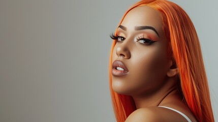 Close-up portrait of attractive  young woman with long wavy vibrant red hair. Charming model with freckles and natural makeup. Stylist and hairdresser concept. Beauty and diversity